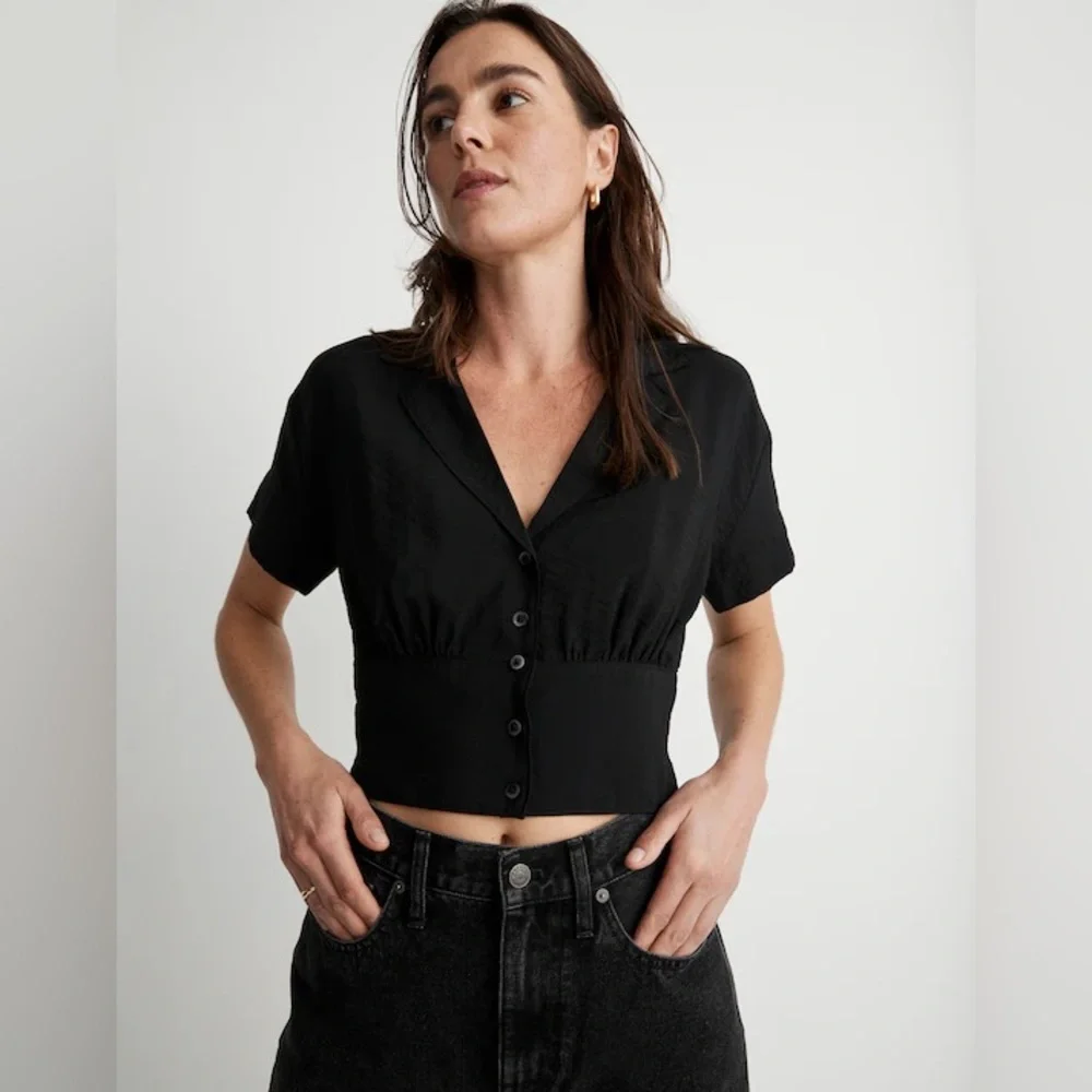 Madewell Drapey Banded-Bottom Button-Down Top - Picture 1 of 9